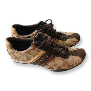 COACH Logo Jayme Low Top Brown Gold Lace Up Sneakers Shoes Womens 9M